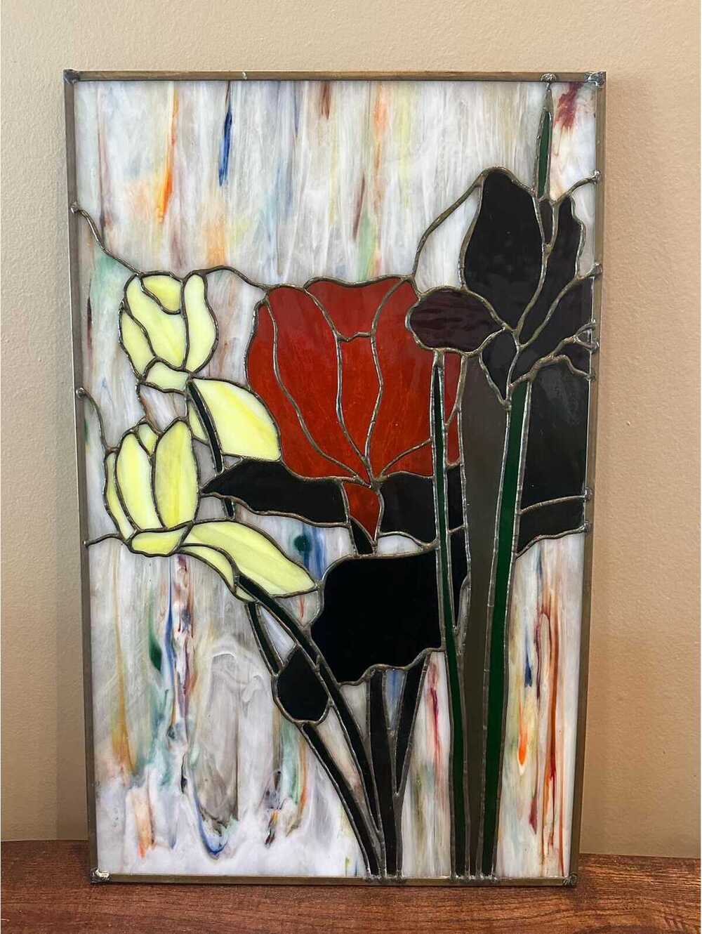 Vintage 1980s Tulip Iris Stained Glass Panel Window Suncatcher